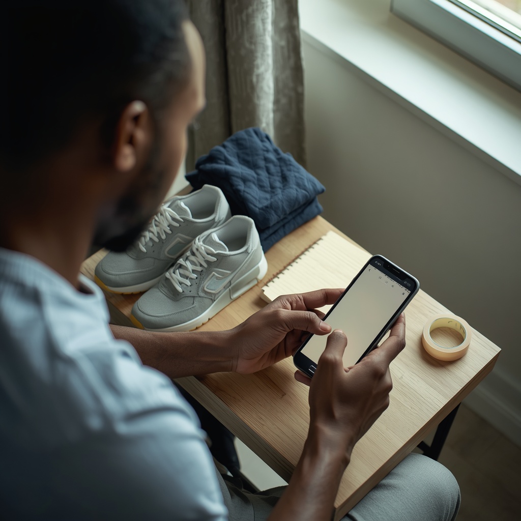 A sneaker seller listing stock from his phone