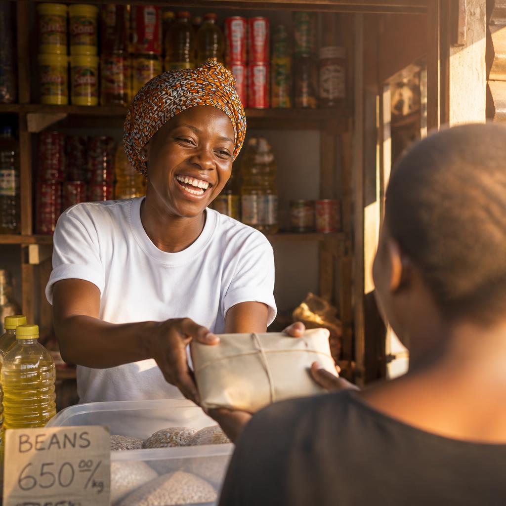 A shopkeeper handing a wrapped order to a customer