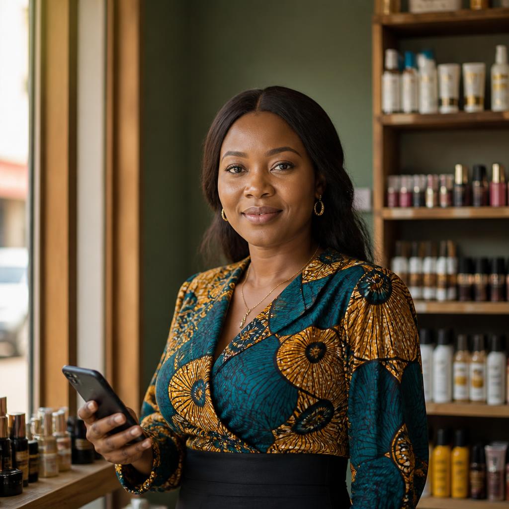 A cosmetics seller in her shop, taking an order on her phone